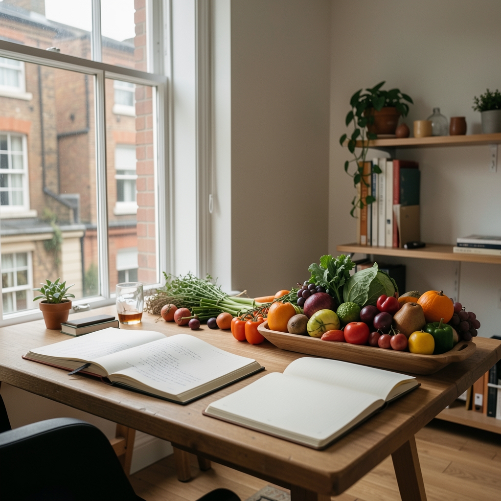 Editorial workspace with open notebooks, a seasonal arrangement of produce, and natural light from a tall London window