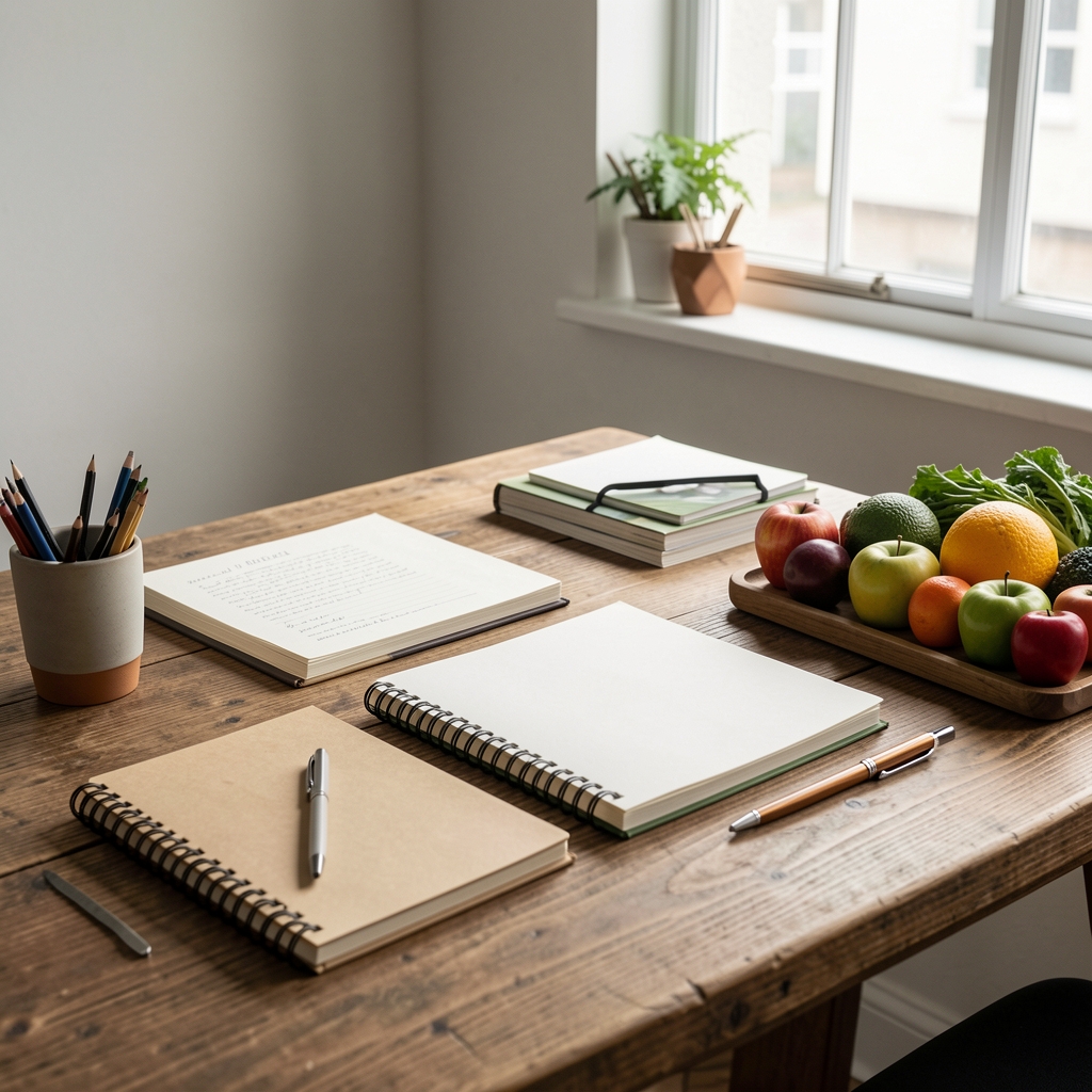 Editorial studio space at Charterhouse Street: notebooks, produce references, and natural window light