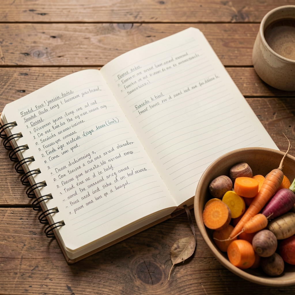 Notebook open on a wooden desk with handwritten food journal entries beside a bowl of seasonal root vegetables