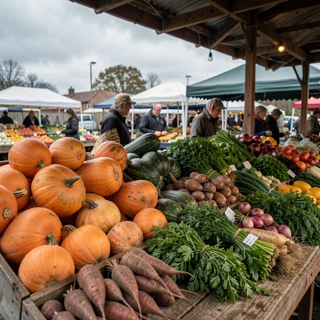 Market produce stall displaying winter squash, root vegetables and bunched herbs under overcast morning sky