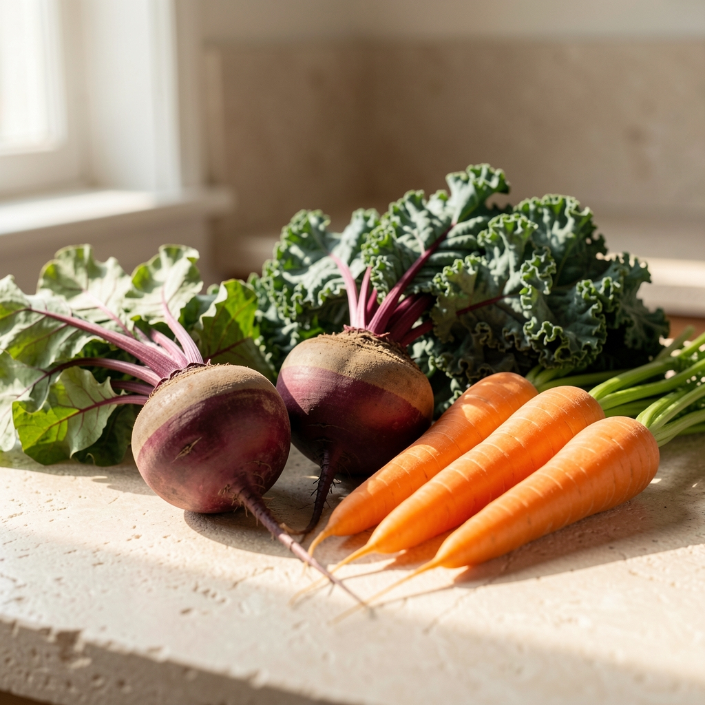 Seasonal vegetables including beetroot, kale and carrots arranged on a pale stone surface in soft morning light