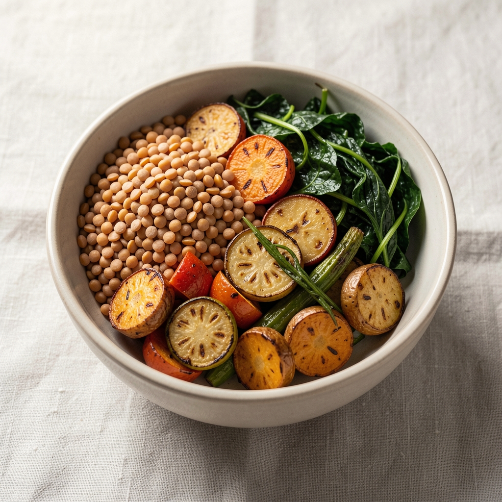 Bowl of whole foods including lentils, roasted vegetables and greens in natural light on a pale linen surface