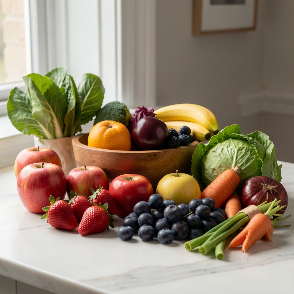 Fruit and vegetable selection arranged on a pale marble surface in editorial composition with soft window light
