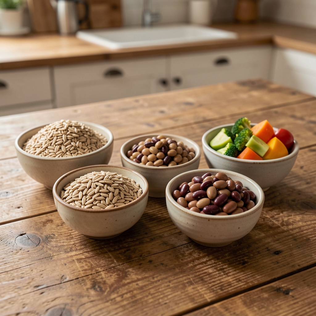Measured portions of whole grains, legumes and vegetables in small ceramic bowls on a wooden kitchen table