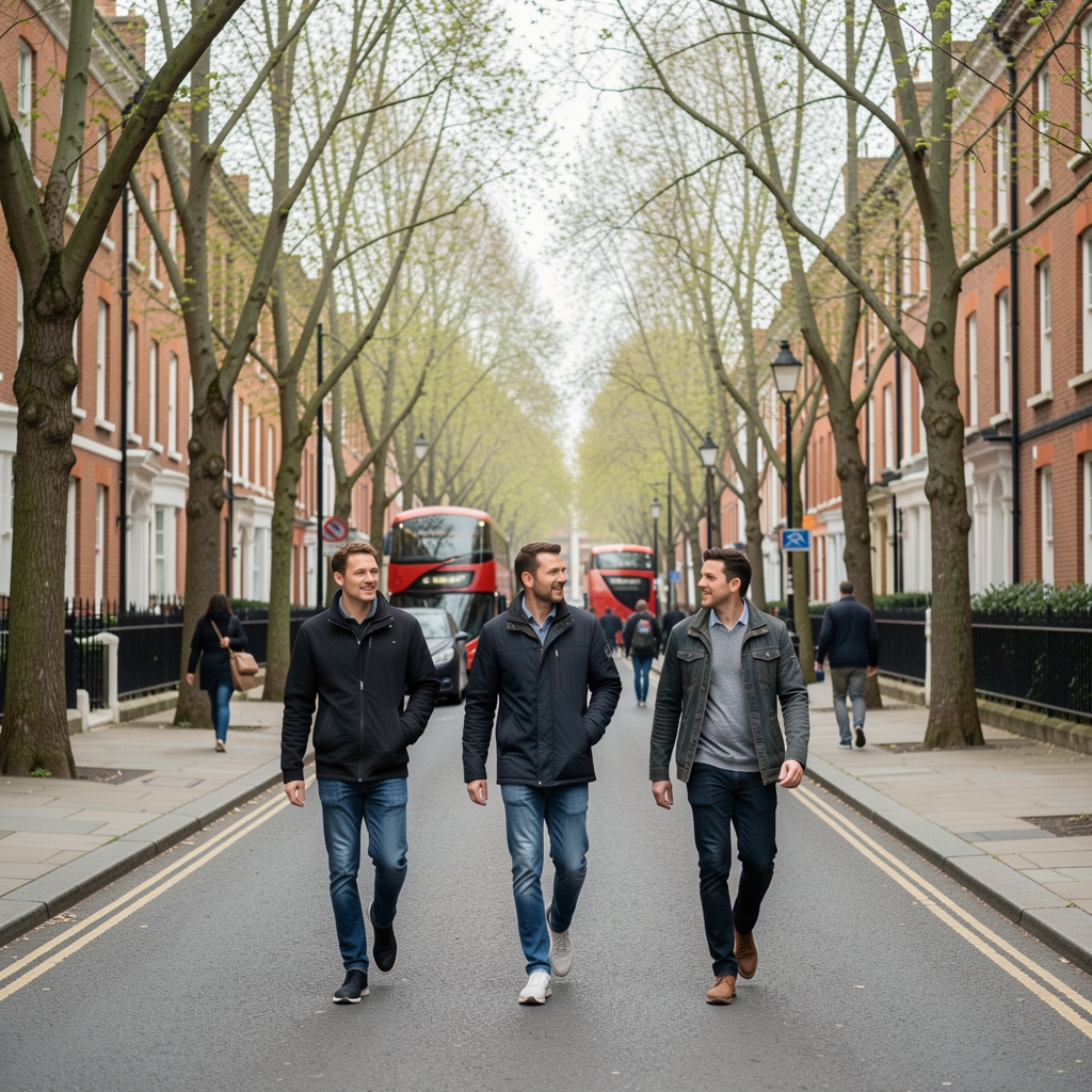 Active morning walk along a London street with trees in early spring, overcast light