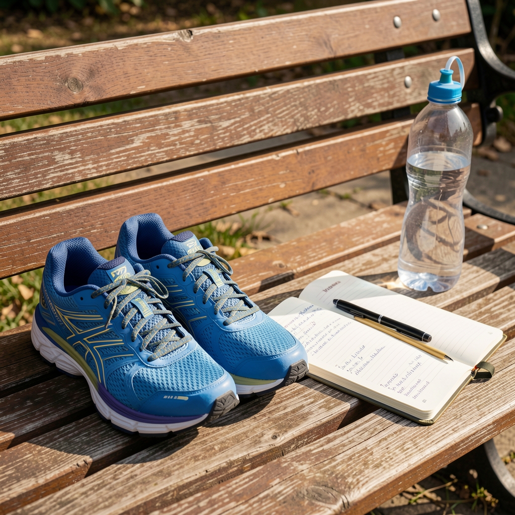 Running shoes and a water bottle on a wooden bench beside an open food journal notebook, natural daylight