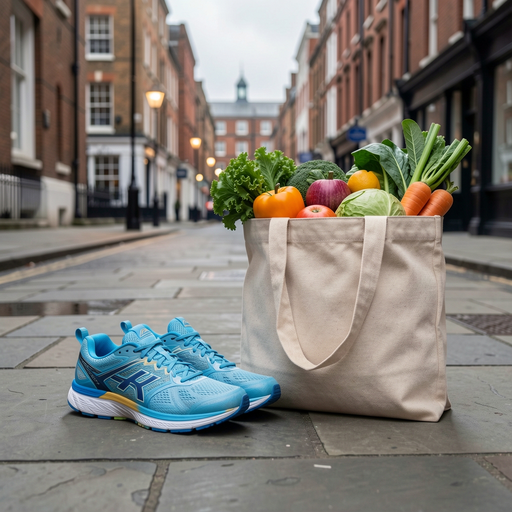 Running shoes on a London pavement beside a canvas tote bag of fresh produce under overcast morning light