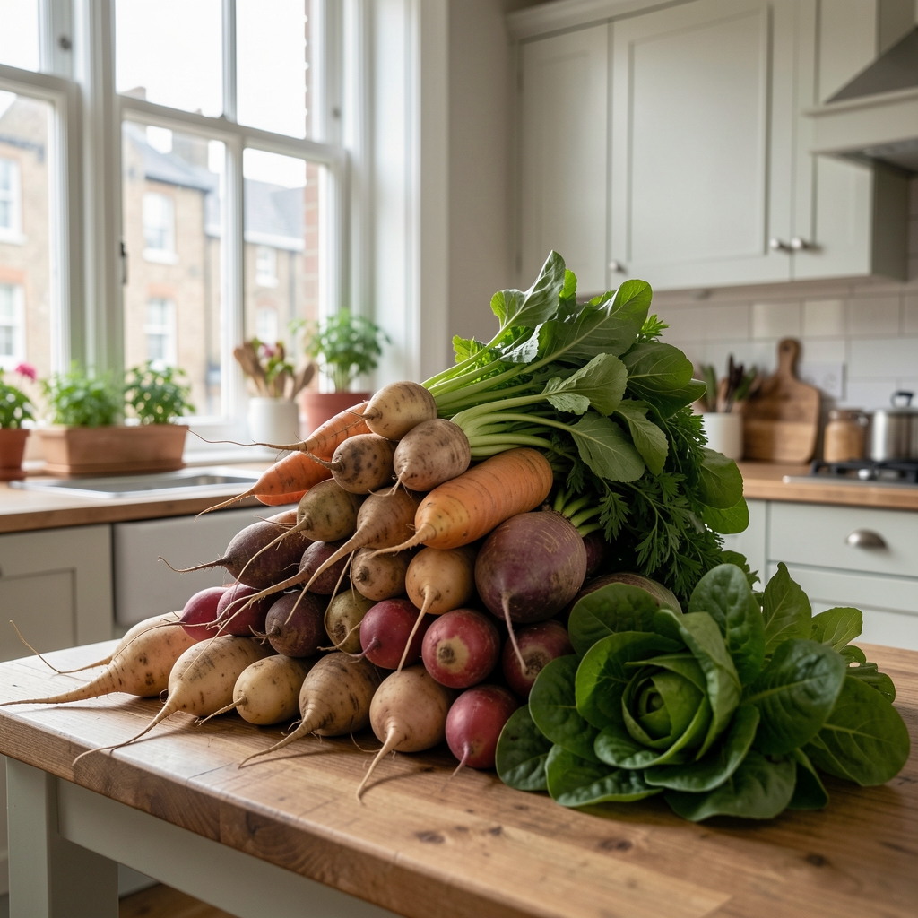 Stack of seasonal produce including root vegetables and leafy greens arranged in a London kitchen, morning light through tall windows