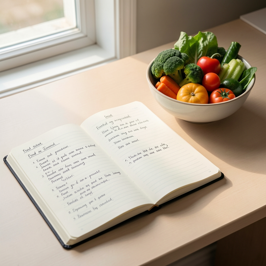 Open notebook with handwritten food journal entries on a clean desk beside a bowl of seasonal vegetables, morning light